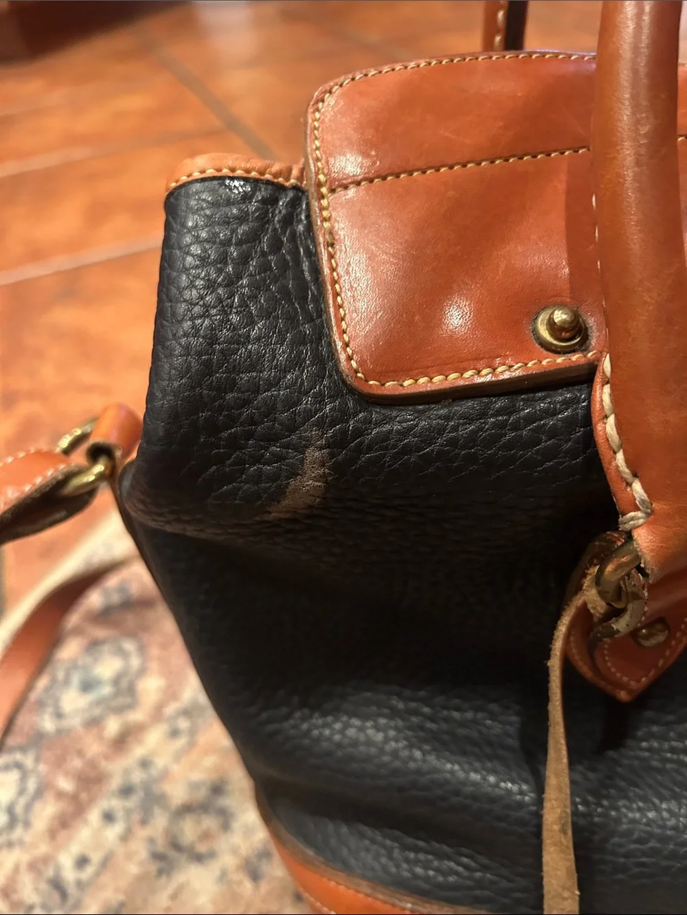 Dooney & Bourke Navy Pebble Leather Satchel with Tan Trim